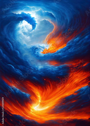 The elements of fire and air swirling together. Blue and orange elemental concept art. Digital artwork. 