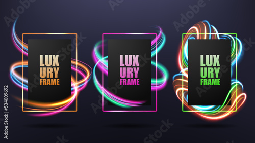 Modern frames with dynamic neon glowing lines, Design element for business cards, gift cards, invitations, flyers, brochures. Vector Illustration
