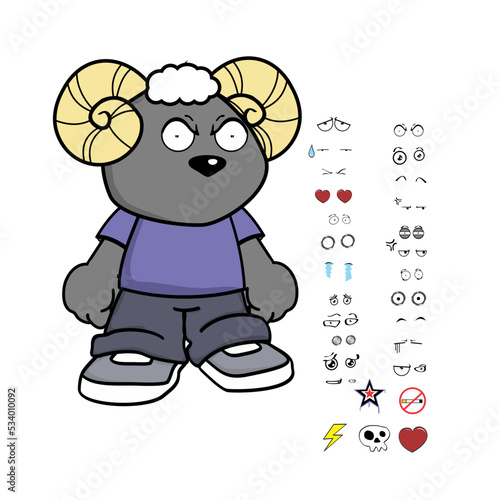 ram young kid character cartoon kawaii expressions set pack in vector format