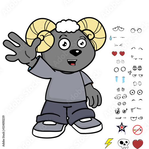 ram young kid character cartoon kawaii expressions set pack in vector format