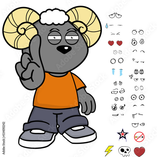 ram young kid character cartoon kawaii expressions set pack in vector format