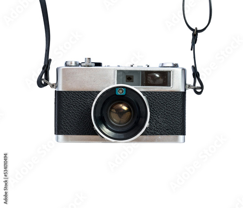 Vintage An ancient camera that takes photographs using film is placed on a white background. Clipping paths