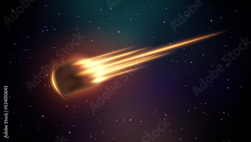 Realistic Asteroid Fall on Fire, Comet in Outer Space Background. Vector Illustration