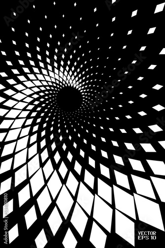 Abstract Black and White Geometric Pattern with Squares. Spiral-like Spotted Tunnel. Contrasty Halftone Optical Psychedelic Illusion. Vector. 3D Illustration