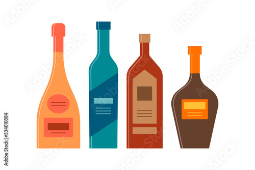Set bottles of champagne, vodka, whiskey, balsam great design for any purposes. Icon bottle with cap and label. Flat style. Color form. Party drink concept. Simple image shape