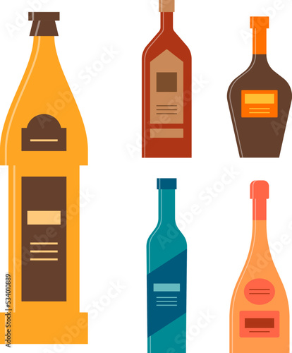 Set bottles of beer brandy balsam gin champagne. Icon bottle with cap and label. Graphic design for any purposes. Flat style. Color form. Party drink concept. Simple image shape