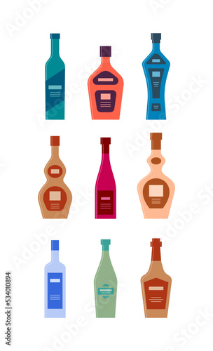 Set bottles of vodka rum schnapps tequila wine balsam gin vermouth whiskey. Icon bottle with cap and label. Graphic design for any purposes. Flat style. Color form. Party drink concept. Simple image