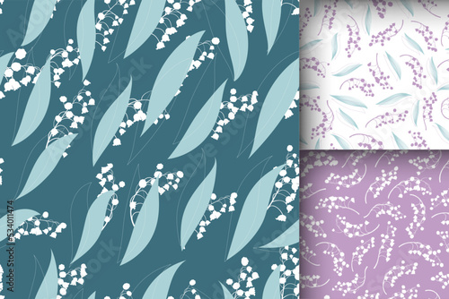Spring Floral Pattern. Seamless Lili Valley Textile Print. Romantic Blossom Ornament. Floral Pattern Set. Summer Foliage Decoration. Bunch of Convallaria Majalis. Floral Pattern Set.