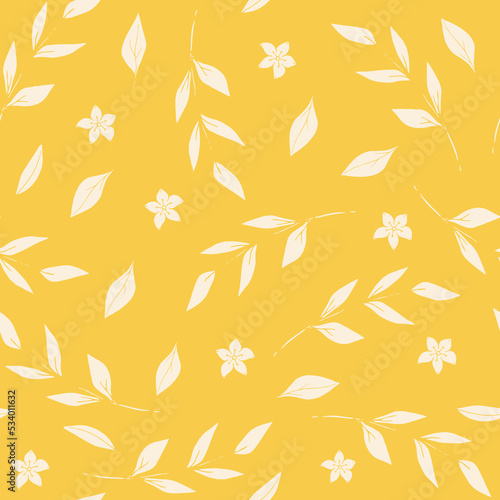 Yellow seamless pattern of hand drawn beige botanical elements. Vector illustration