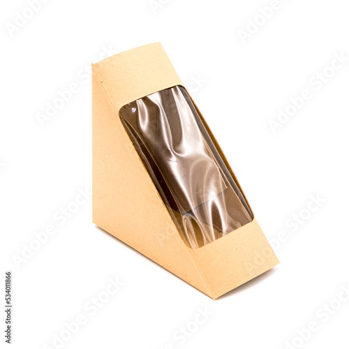 Mockup Brown Blank Cardboard Triangle Take Away Box Packaging For Sandwich, Food package, Empty, plastic window, isolate on white background