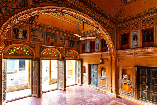Rich decorated interior of an old haveli in Madawa, Rajasthan, India, Asia