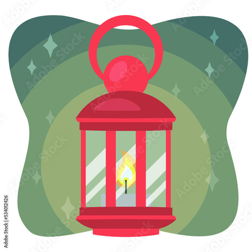Cartoon red camp lamp. Kerosene and oil vintage lantern. Camping illumination. Travelers lighting equipment. Vector tourists light.