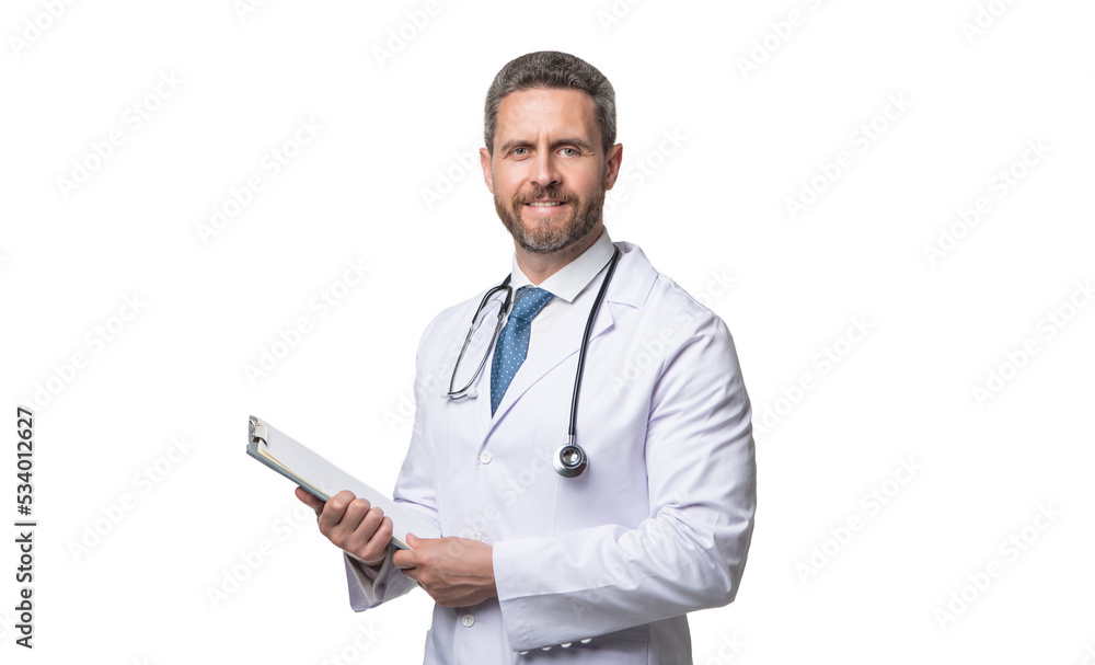 happy physician with clipboard. physician isolated on white. physician hold medical record happy physician with clipboard. physician isolated on white. physician hold medical record