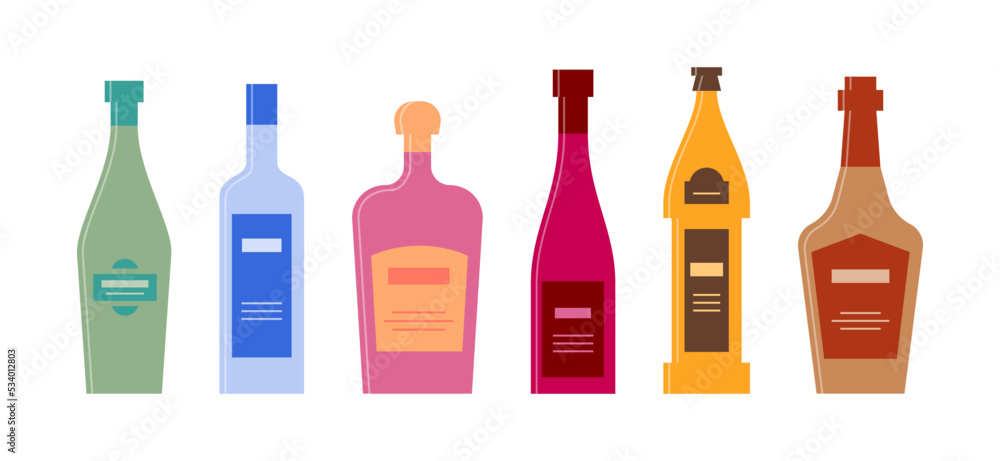 Set bottle of vermouth vodka liquor wine beer cognac in row. Icon bottle with cap and label. Graphic design for any purposes. Flat style. Color form. Party drink concept. Simple image shape Set bottle of vermouth vodka liquor wine beer cognac in row. Icon bottle with cap and label. Graphic design for any purposes. Flat style. Color form. Party drink concept. Simple image shape