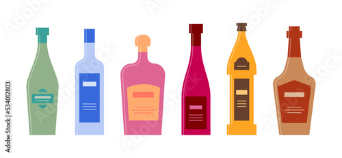 Set bottle of vermouth vodka liquor wine beer cognac in row. Icon bottle with cap and label. Graphic design for any purposes. Flat style. Color form. Party drink concept. Simple image shape