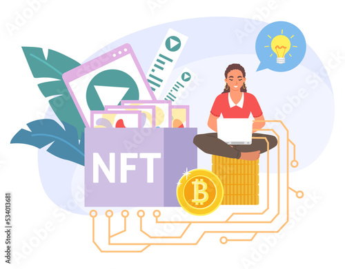 Woman nft artist portrait flat vector illustration