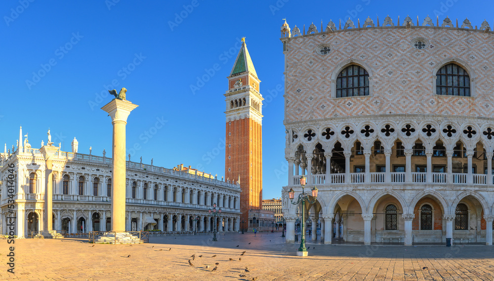 Panorama of Piazza San Marco with Doge's Palace and Campanile on sunrise, Venice, Italy