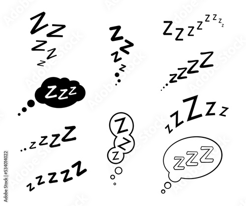 Zzz, zzzz bed sleep snore icons with vector doodle cloud bubbles. Isolated signs of sleep, nap, rest, relax, dream sound effects of sleeper. Apnea or snoring comic book speech balloons, onomatopoeia