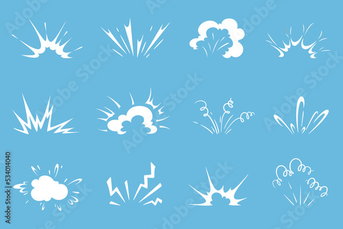 Cartoon bomb explosion, comic clouds boom blasts with bang smoke, vector explode icons. Cartoon comic bomb explosion or explosive blast cloud effects of TNT dynamite burst or fight crash flash photo