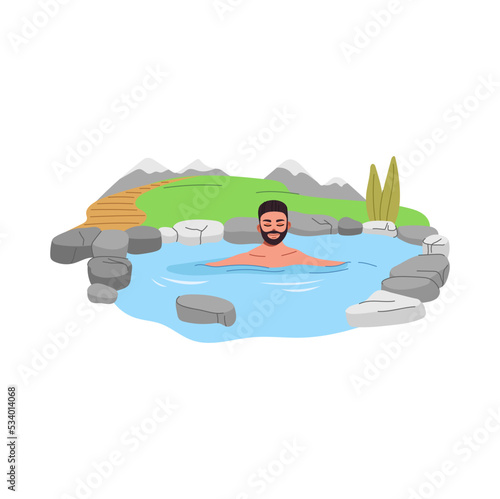 Japan onsen. Young man relaxing in hot spring bath or thermal pool with vector rocks, hot water, wood pathway and snowy mountains landscape. Japanese spa hotel or ryokan, asian recreation resort tours