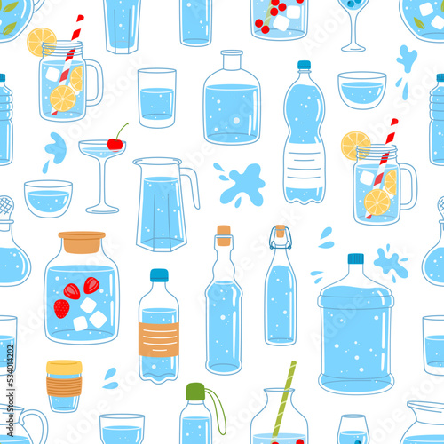 Glass and plastic water bottles and containers seamless pattern. Vector background of drink and mineral water in bottles  glasses  jugs and jars  pitchers and carafes with blue splashes and drops