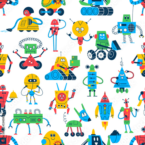 Cartoon robots seamless pattern. Vector background of cute robot toys, space monster machines, androids and cyborgs with funny faces, mechanical arms, manipulators and antennas. Retro bots pattern