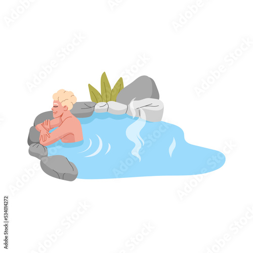 Japan onsen, man relaxing in spring thermal pool or bath with rocks, hot water and steam. Vector japanese spa, cartoon people taking hot spring tub or bathtub. Spa tours, recreation resort hotel
