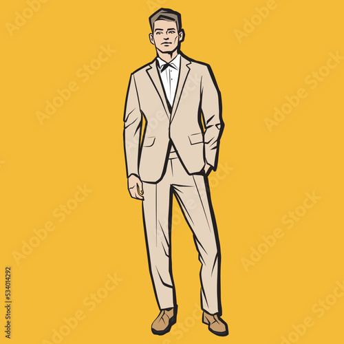 Businessman in suit standing, abstract ink drawing vector silhouette. Male fashion model