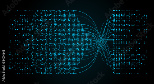 Big data visualization, digital information analysis and sorting. Network technology vector background with digital information flow and big data analytics stream of bright glow dots and wavy lines