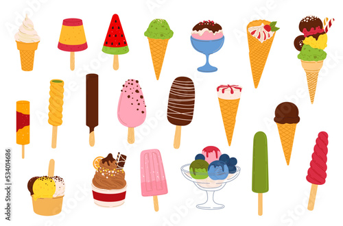 Ice cream dessert, vector food. Summer ice cream waffle cones with chocolate and vanilla scoops, strawberry sundae in glass and paper cups, frozen fruit sorbet, milk yogurt sticks and fruit ice lolly