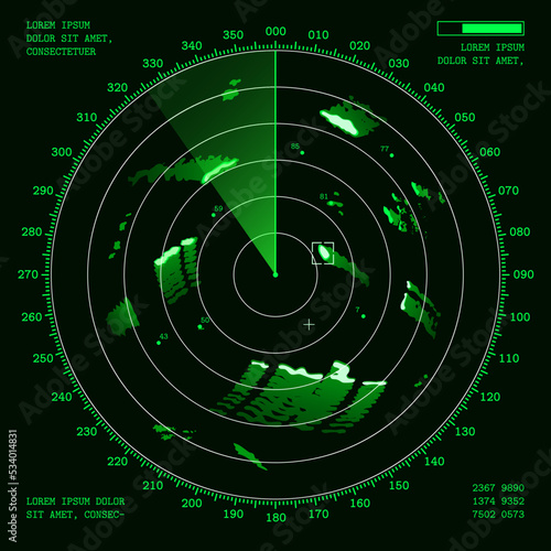 Ship radar screen or military sonar digital display with vector targets and submarine traffic tracks, nautical navigation technology. Scanning system green monitor with scanner axis, detected objects