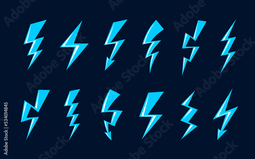 Cartoon blue lightning, flash, thunderbolt. Vector thunder bolts of blue light, electric energy, magical power or storm weather lightning strikes. Electrical discharges in shape of zigzag with arrow
