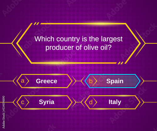 Quiz template, question game, tv show test, trivia puzzle or knowledge contest vector option menu with choice of right answer. Trivia quiz game or puzzle layout with gold frames and modern background