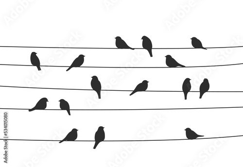 Flock of birds on power lines. Vector sparrow, bullfinch or tit silhouettes sitting on electrical energy wires or telephone cables. Group of city urban birds on powerlines, scrapbook background