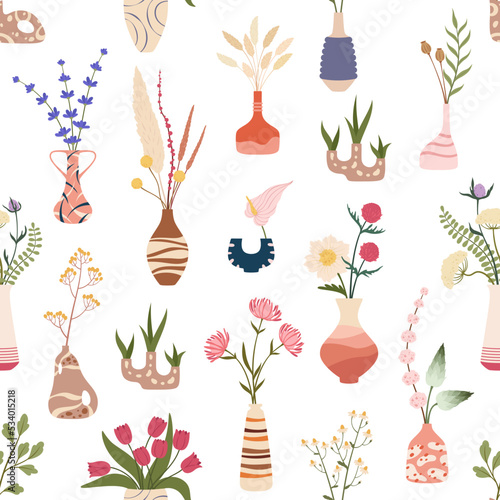 Scandinavian flower vases seamless pattern of vector hygge potteries, glass pots, bottles and jugs. Floral background with bouquets of garden flowers, plants and herbs, green leaves and dry blossom