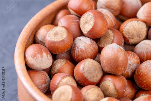 Hazelnut in wooden bowl on ...