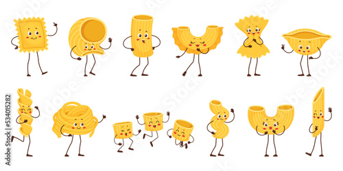 Cartoon pasta characters, happy italian macaroni food vector personages. Cute noodle, penne, fusilli and rigatoni, funny ravioli, fettuccine and farfalle, conchiglie and ditalini pasta characters