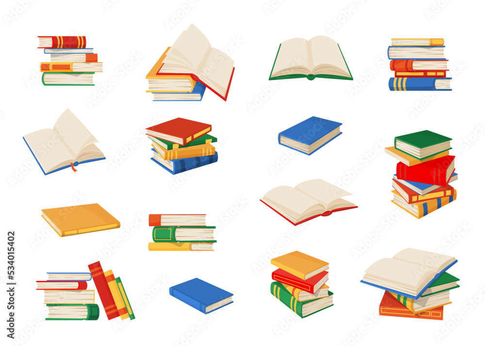 Book stacks. Books, textbooks, bestsellers set, isolated vector piles of school library textbooks, education literature and university dictionaries. Open and closed books with colorful paper covers Book stacks. Books, textbooks, bestsellers set, isolated vector piles of school library textbooks, education literature and university dictionaries. Open and closed books with colorful paper covers