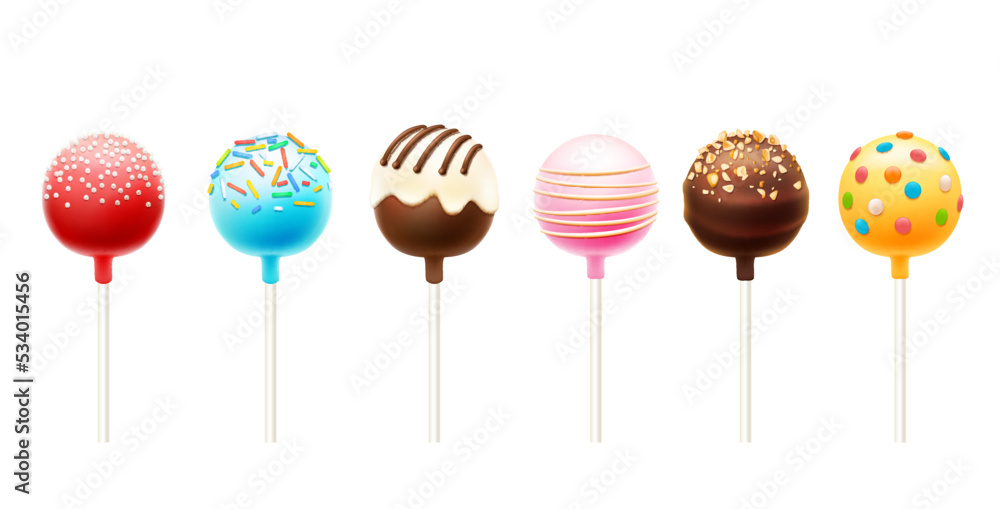 Realistic cake pops, vector chocolate dessert food in shape of lollipop candy. Isolated 3d chocolate cake balls on lollipop sticks with sweet sugar sprinkles, colorful glaze, nuts, icing and caramel Realistic cake pops, vector chocolate dessert food in shape of lollipop candy. Isolated 3d chocolate cake balls on lollipop sticks with sweet sugar sprinkles, colorful glaze, nuts, icing and caramel