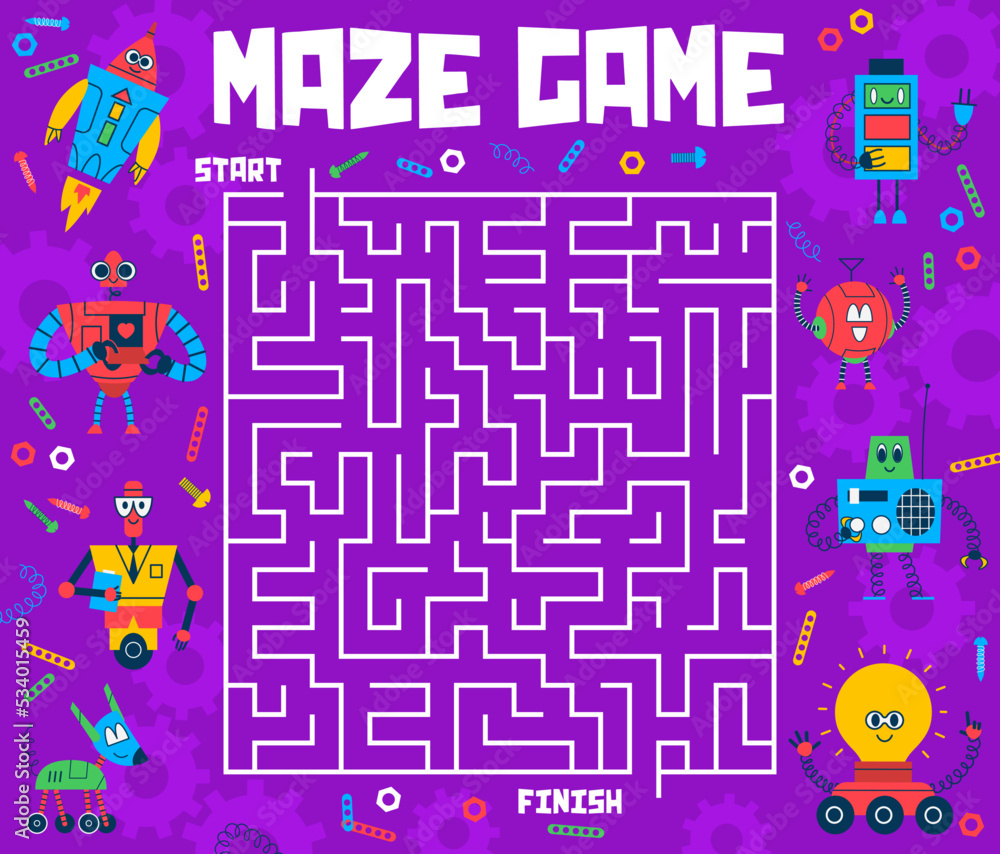 Labyrinth maze of help cartoon robots and droids to find exit. Vector ...