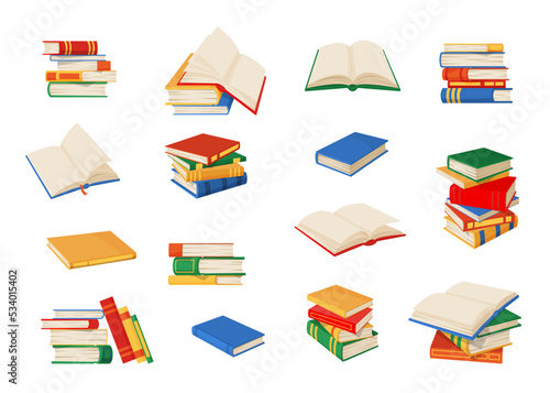 Book stacks. Books, textbooks, bestsellers set, isolated vector piles of school library textbooks, education literature and university dictionaries. Open and closed books with colorful paper covers