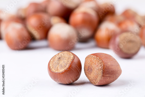 Shelled hazelnuts on the wh...