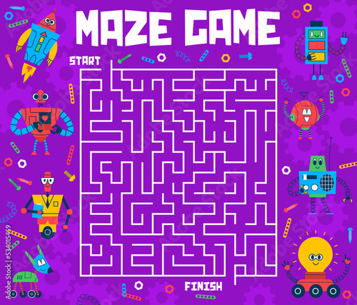 Labyrinth maze of help cartoon robots and droids to find exit. Vector worksheet of kids game or puzzle quiz with vintage robot toy characters. Square labyrinth with humanoid cyborg, android assistant