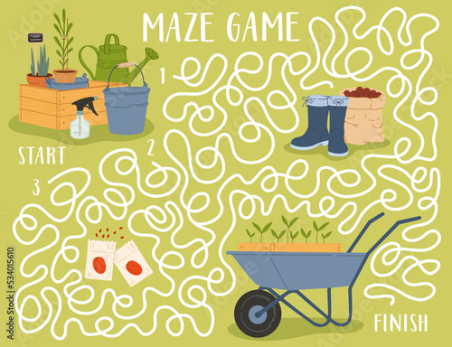 Labyrinth maze game, find the farm and gardening tools vector worksheet. Kids puzzle, riddle or education quiz with cartoon farmer equipment and spring garden plants, flower pots, buckets, wheelbarrow