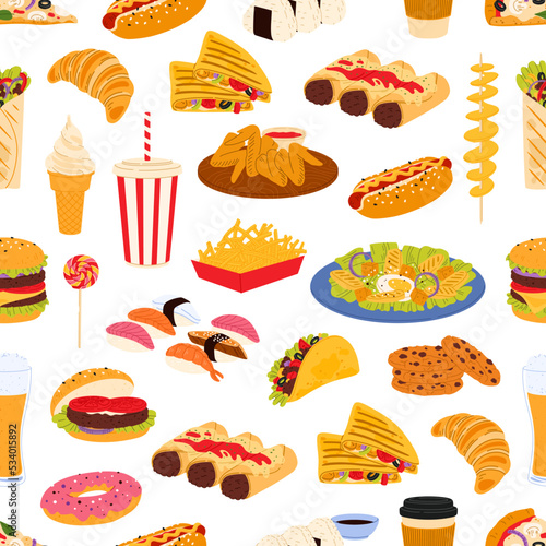 Fast food seamless pattern. Vector background of junk food with cartoon pizza, burger, hot dog and hamburger, soda drink, chicken wings and french fries. Fastfood restaurant or cafe menu backdrop