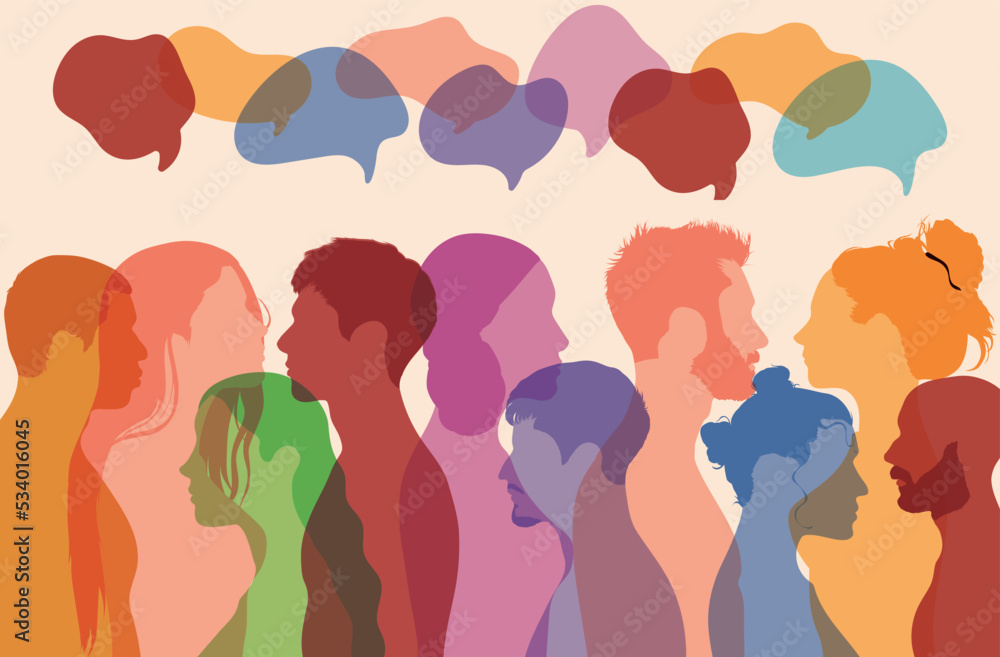 Text for communication. Speak and communicate in social networks. Community and Speak. Vector cartoon of multi-ethnic people in profile.