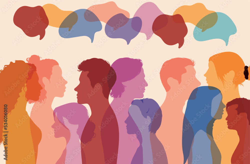 The concept of communicating and talking in a multiethnic community. Digital sharing. Coloured clouds. Multiethnic people in a speech bubble. The concept of communication in social networks.