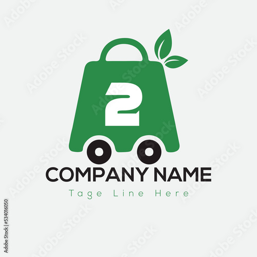Eco Shopping Logo On Letter 2 Template. Eco Online cart On 2 Letter, Initial Shopping Sign Concept	