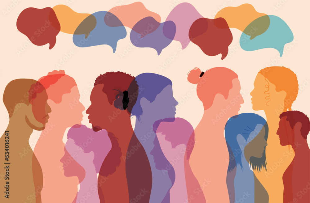Multiethnic communication. Confusion and disorganisation. Globalisation and speech bubbles. Multicultural population. People talk in crowds. Multiethnic communication. Confusion and disorganisation. Globalisation and speech bubbles. Multicultural population. People talk in crowds.