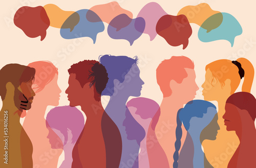 Multicultural society. Multiethnic communication and sharing of ideas. Immigration and disorganisation. Vector cartoon coloured profile of multiethnic people.